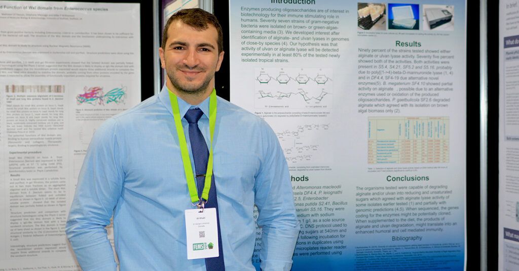 SGU medical student Ali Khalil presenting microbiology research at FEMS2019 conference.