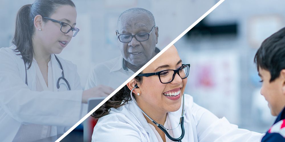 Two images: one of a doctor examining a patient, the other of them discussing health concerns together.