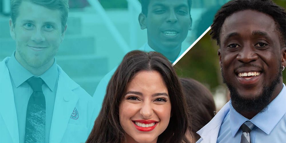 Various scenes of SGU graduates posing for photos upon receiving their white coats.|A diverse group of SGU medical students recite an oath as part of the White Coat Ceremony