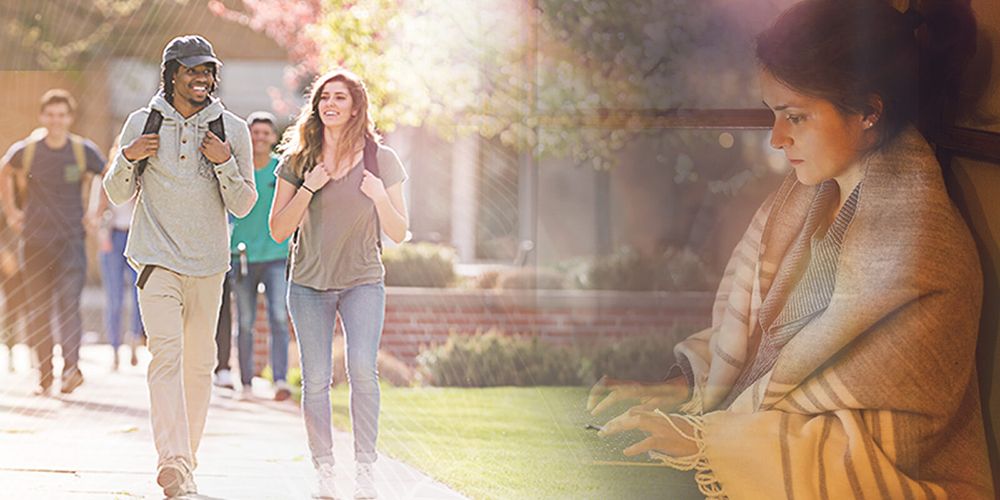 Collage of Students walking and a student conducting experiment in college science class.