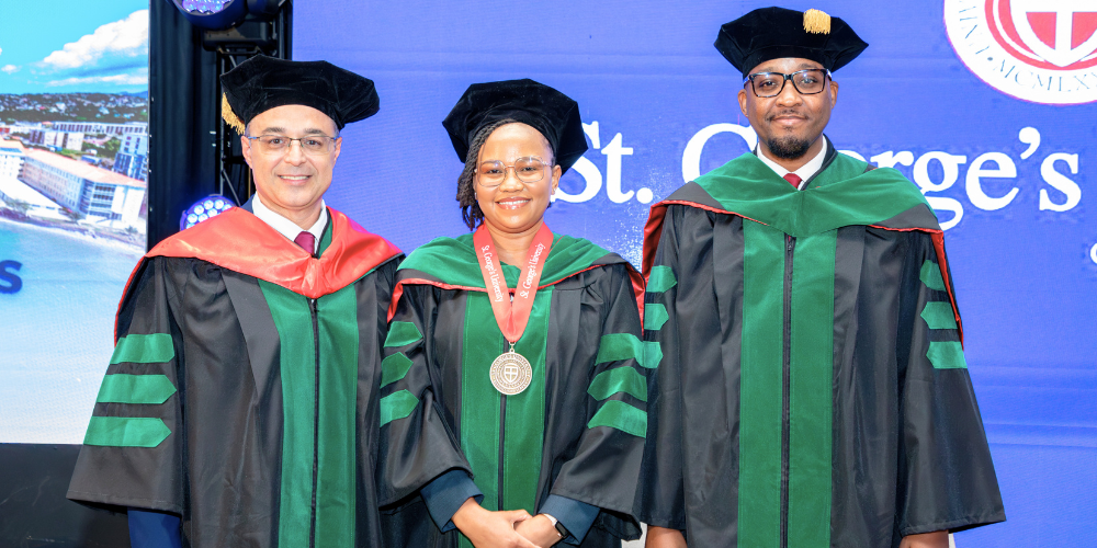 Dr. Orapeleng Phuswane-Katse receiving the SGU Distinguished Service Medal at Botswana Commencement Ceremony