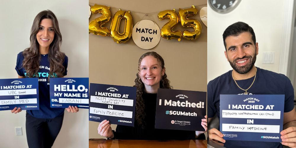 Collage of three SGU CaRMS matches|Claudia Nieuwland match celebration|Christopher Haddad Match celebration|Ziyaana Kabani match celebration||
