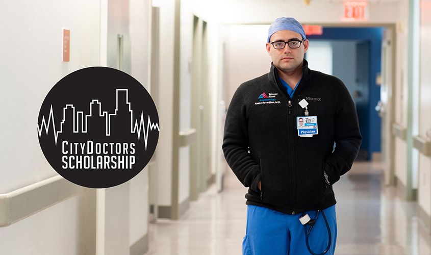 Physician in scrubs wearing an ID badge with the **CityDoctors Scholarship logo** in a hospital setting News