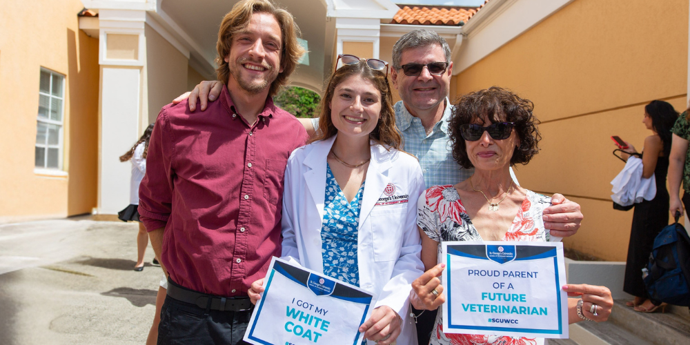 Term 1 SVM student and her family at the Fall 2025 SVM White Coat Ceremony News