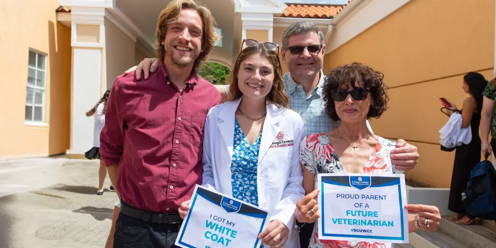 Term 1 SVM student and her family at the Fall 2025 SVM White Coat Ceremony