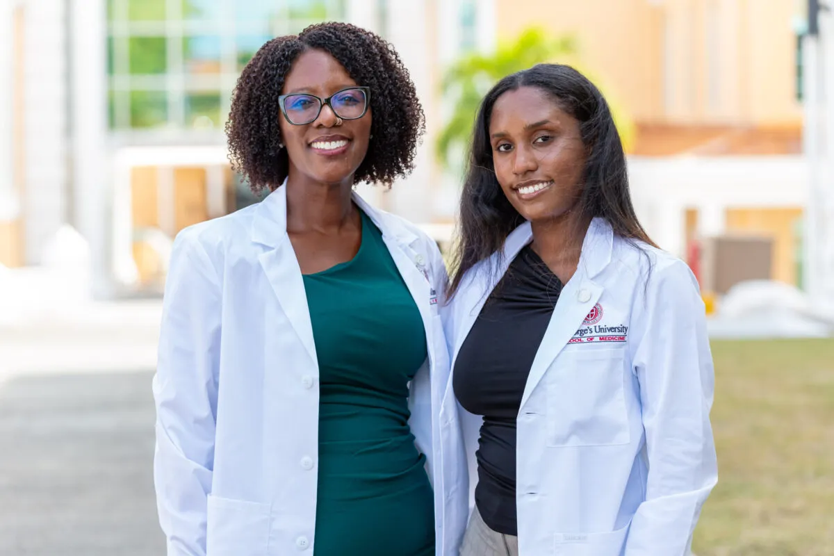 Featured image for Am I too Old? blog post featuring two SGU students posing in their white coats.