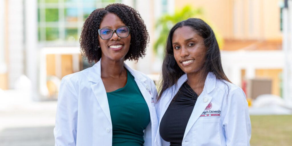 Featured image for Am I too Old? blog post featuring two SGU students posing in their white coats.