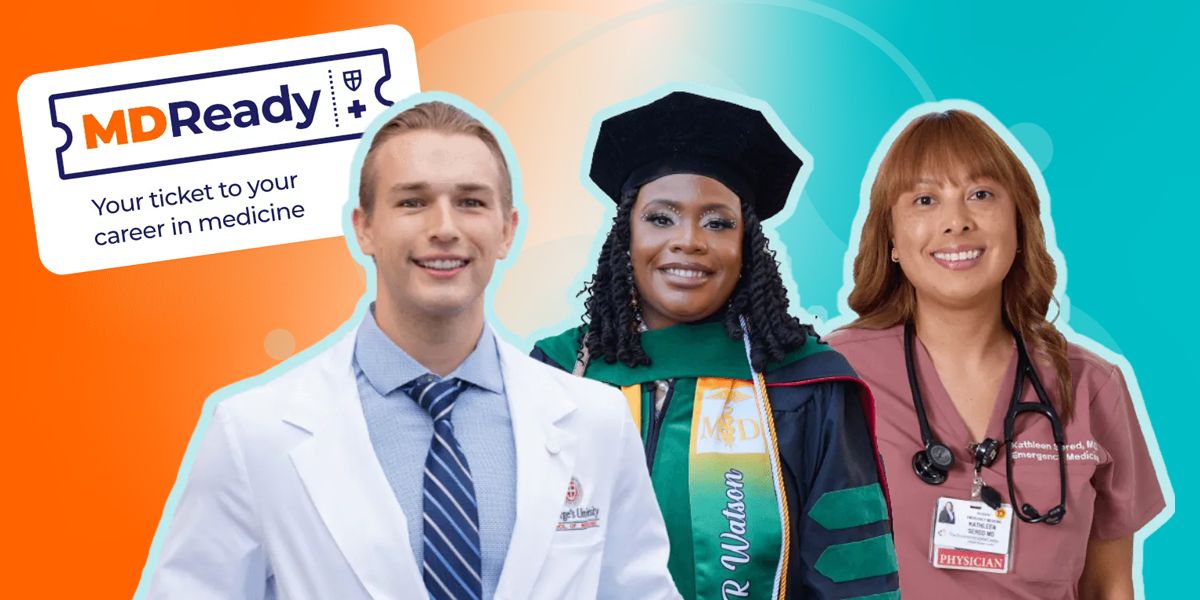 A teal and orange graphic for the MDReady program with smiling SGU grads News