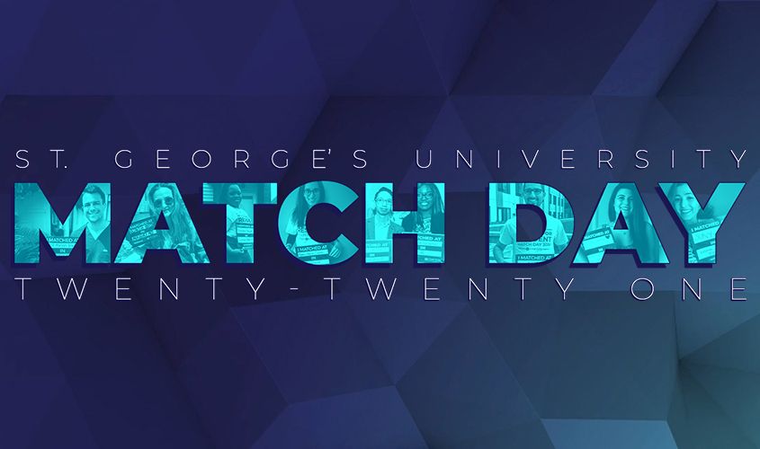 St. George's University (SGU) Match Day 2021 graphic, celebrating medical students' residency placements and physician careers. News