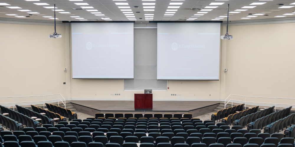 New stage, carpet, and lights at Patrick Adams Hall