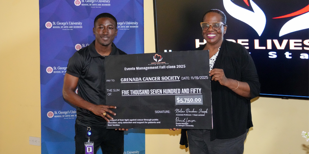 SAS Events Management Class 2025 donates fundraiser proceeds to Dr. Sonia Nixon of the Grenada Cancer Society