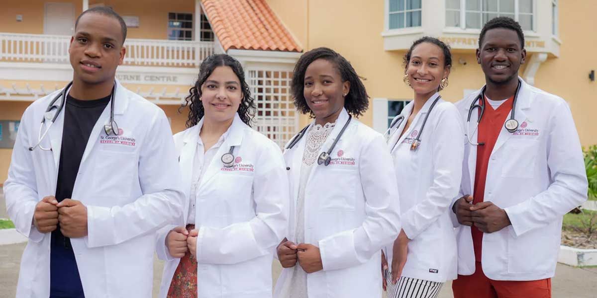 SGU students in white coats