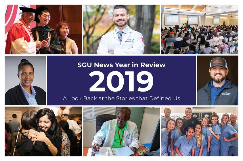 Infographic summarizing St. George's University's 2019 accomplishments, including statistics for the Schools of Medicine and Veterinary Medicine. News