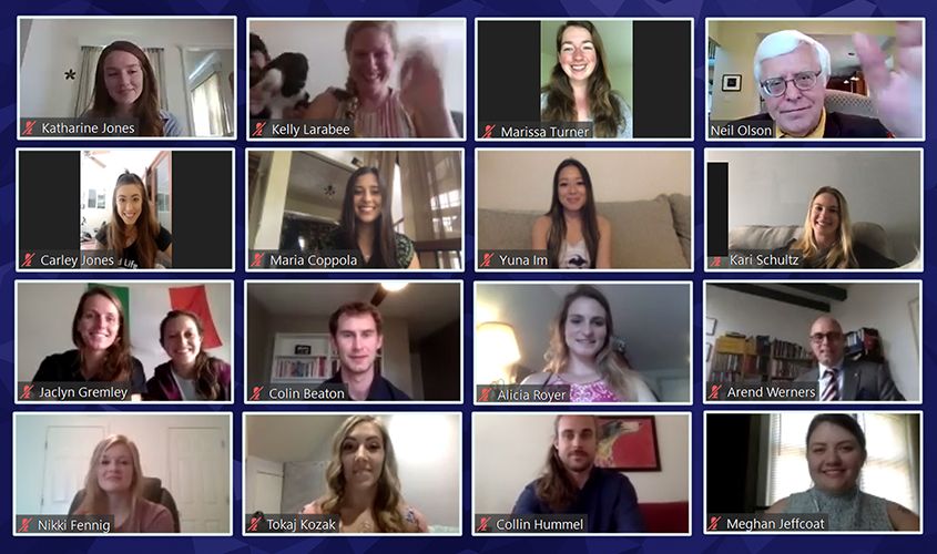 Virtual celebration screen capture showing veterinary students and Professor Neil Olson during the SVM Awards Ceremony. News