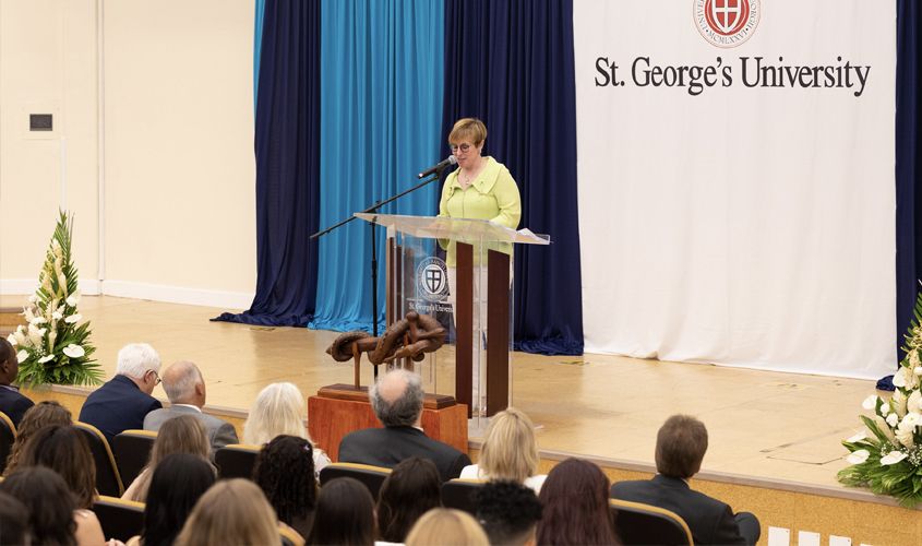 Dr. Lori Teller, president of the American Veterinary Medical Association and this year’s keynote speaker, congratulated the Class of 2027, predicting more accolades to come—today it was their white coat, tomorrow would be their diploma, followed by a license, and then the world.