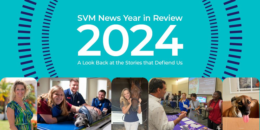 Collage of photos from the top svm stories of 2024|Veterinary students standing over a dog on an examination table||photo of Dr. Christianne Shaw in front of campus|Collage of photos from the top svm stories of 2024|Collage of photos from the top svm stories of 2024 News
