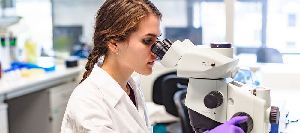 Female student looks through microscope