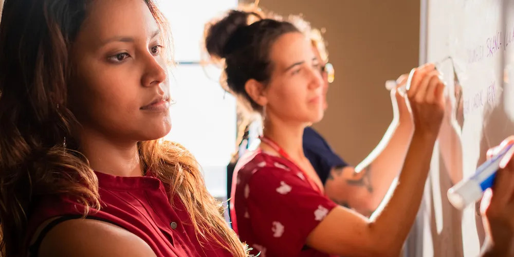 Students studying on a white board