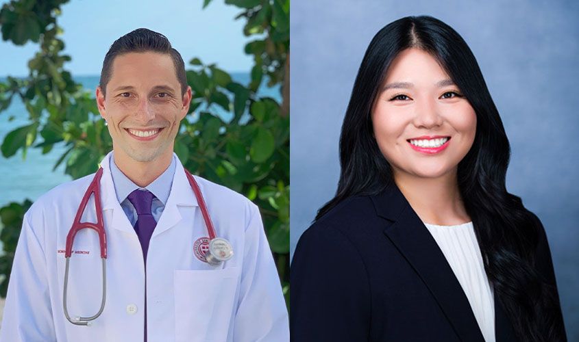 Two SGU medical students, a male in a white coat and a female in a blazer, who received the APA Helping Hands Grant News