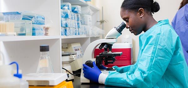 St. George’s University Scientist examining samples under microscope.