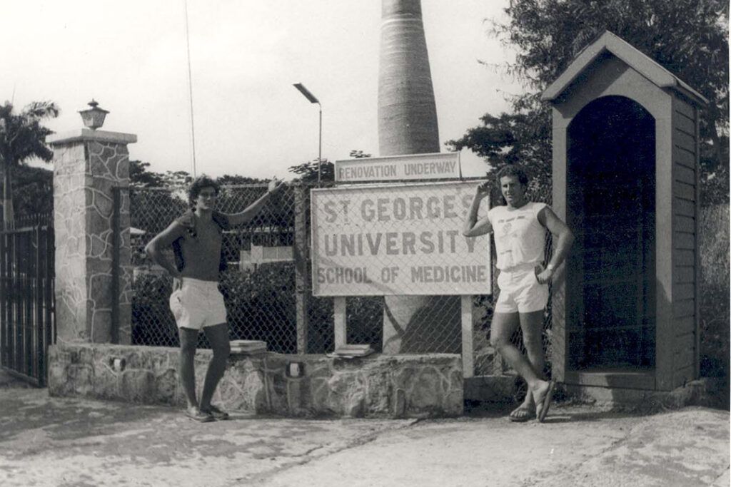 Two students at St George's entrance 1979