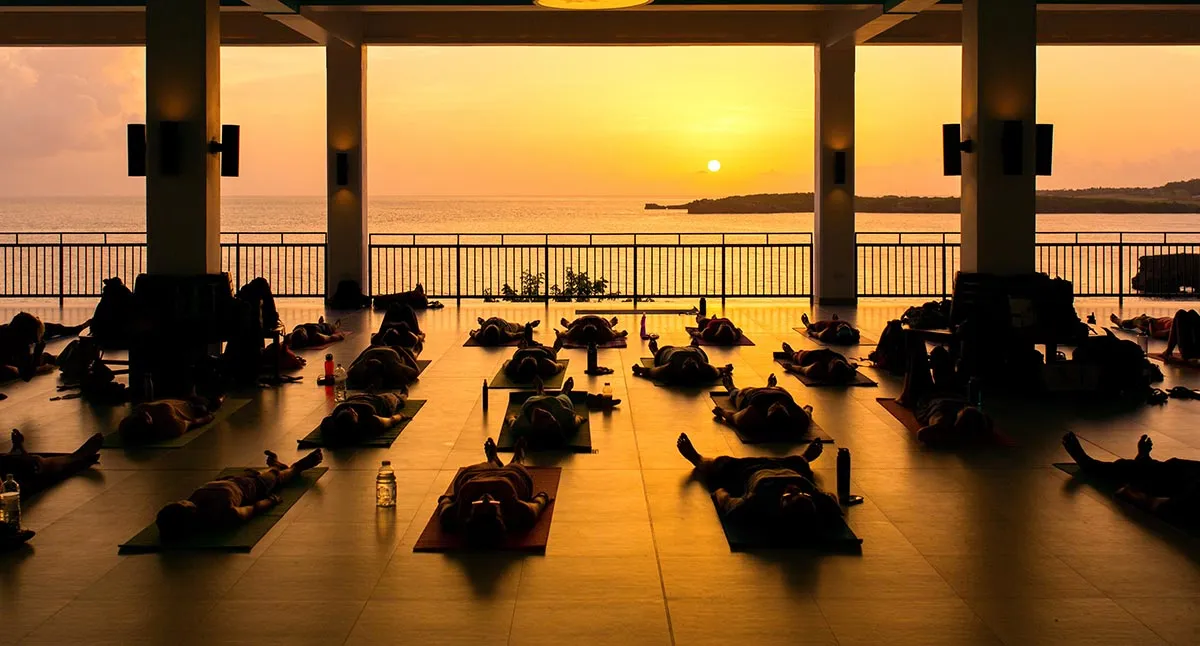 Silhouetted yoga at sunset.