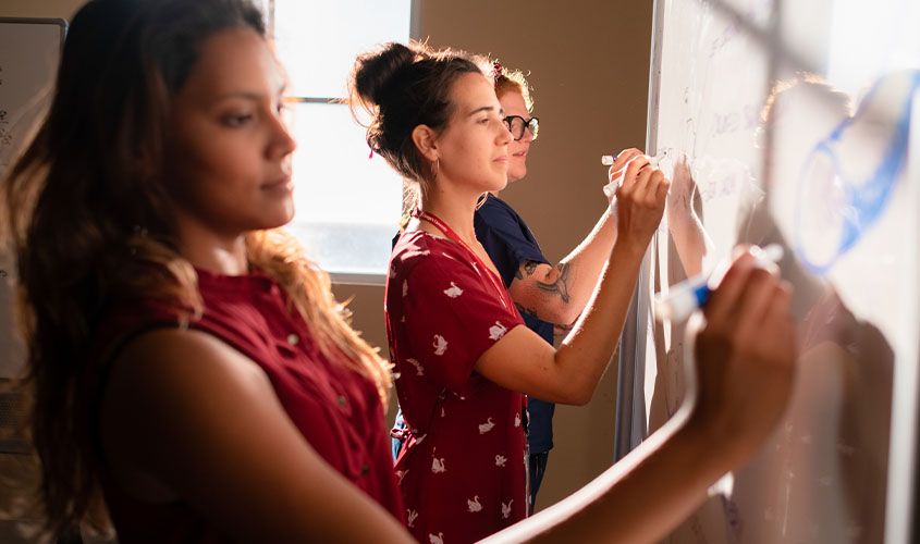 Students at St. George’s University collaborating at a whiteboard in a classroom setting. News